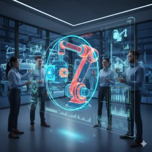 Engineers reviewing an interactive 3D visualisation of a robotic arm in a digital engineering workspace - 3D visualisation for engineering teams - Tridum Vista 360