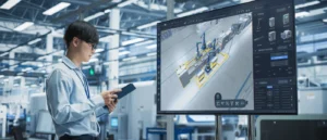 Engineer using a tablet in a modern factory while reviewing a large screen displaying a 3D simulation of an automated industrial production line. - Technical 3D Animation in Engineering Visualisation - TridumVista360