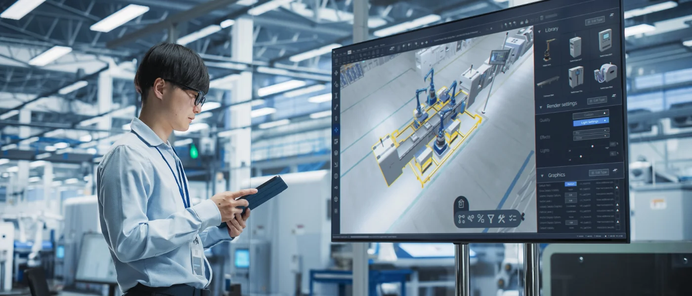 Home 8 Engineer using a tablet in a modern factory while reviewing a large screen displaying a 3D simulation of an automated industrial production line. - Technical 3D Animation in Engineering Visualisation - TridumVista360