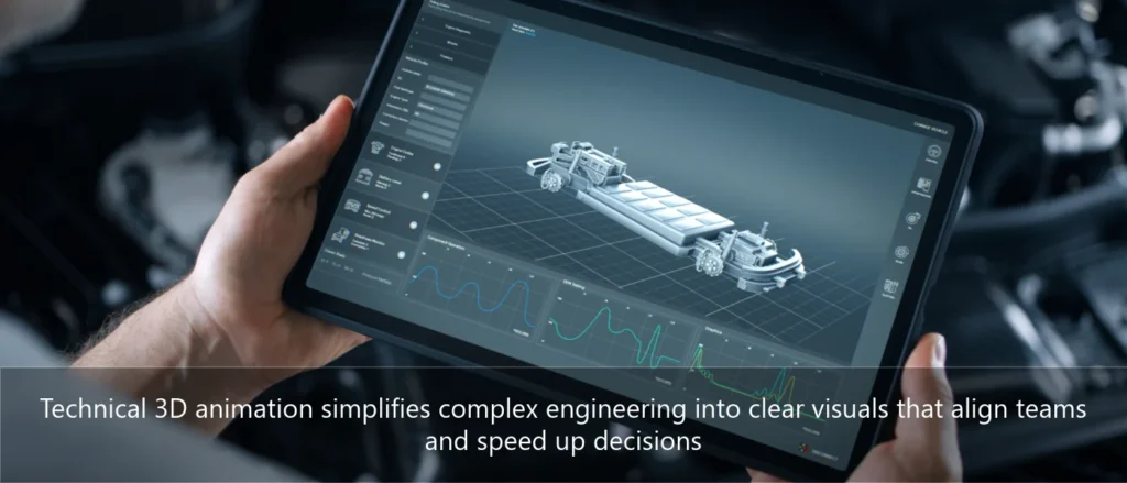 Close-up of hands holding a tablet displaying a detailed 3D engineering model with performance data and analytics in a modern industrial setting. - 3d technical animation - tridumvista360