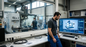 Split scene showing a photographer lighting a physical metal component alongside a designer modeling the same part on dual monitors.