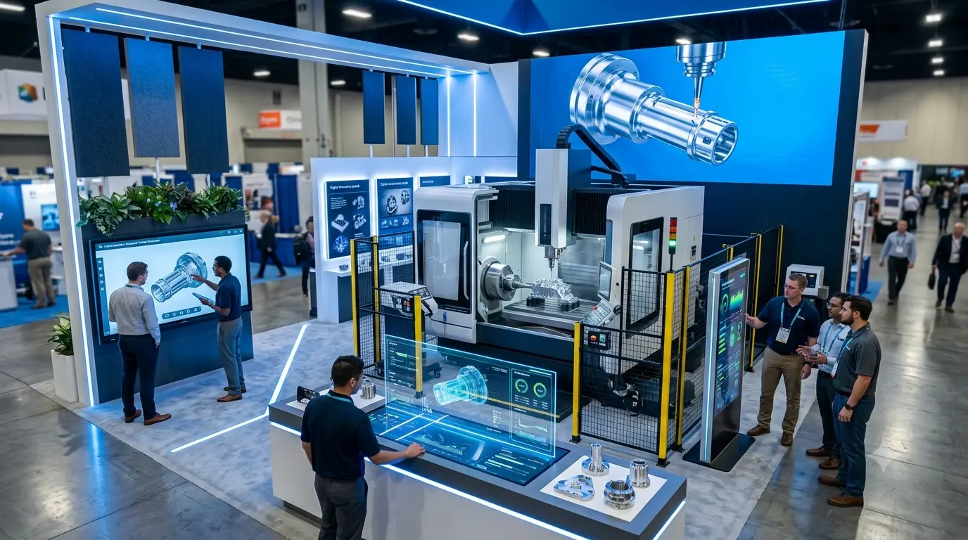 Modern IMTS 2026 exhibition booth featuring 3D product visualization and virtual showroom technology for manufacturers