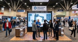 Trade show attendees using an interactive touchscreen 3D product configurator at a manufacturing booth.
