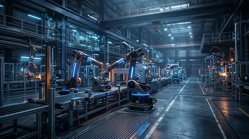 3D engineering visualization of a manufacturing assembly line with robotic machinery