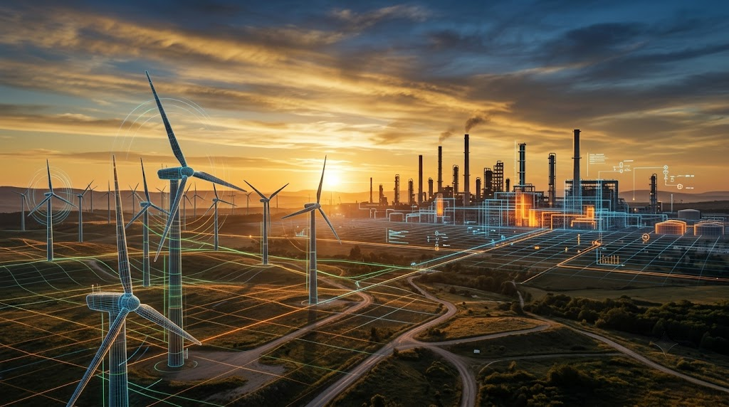 3D visualization of energy infrastructure including wind turbines and power plant systems