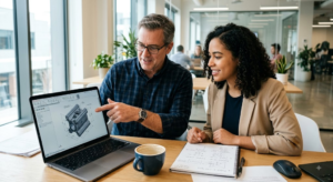 Middle-aged engineer and client looking at a 3D industrial part on a laptop during a quote discussion