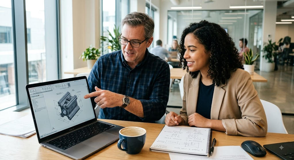 Middle-aged engineer and client looking at a 3D industrial part on a laptop during a quote discussion