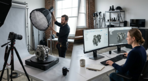 Split scene showing a photographer lighting a physical metal component alongside a designer modeling the same part on dual monitors.