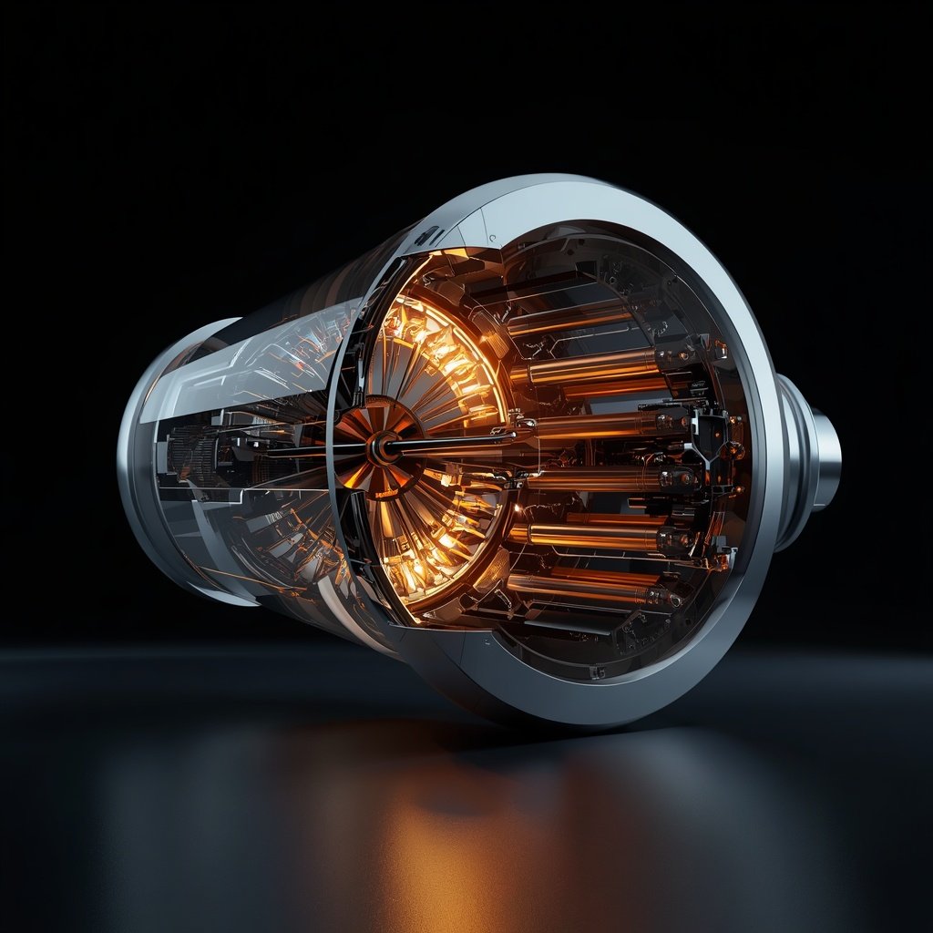 Cutaway 3D render of a glowing turbine engine core with orange internal lighting