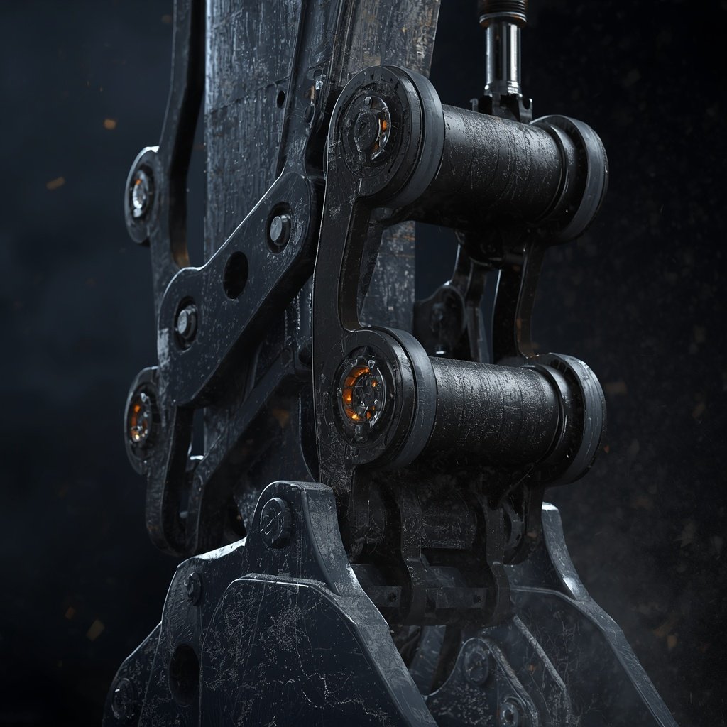 Close-up 3D render of dark metal crawler track chain links