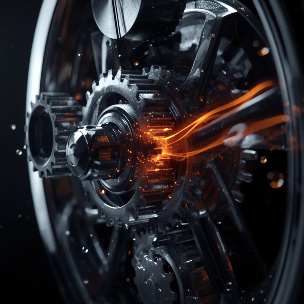 3D render of interlocking metal gears with glowing orange energy core