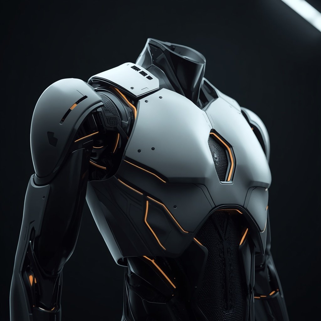 3D render of a white humanoid robot torso with glowing orange accent lines