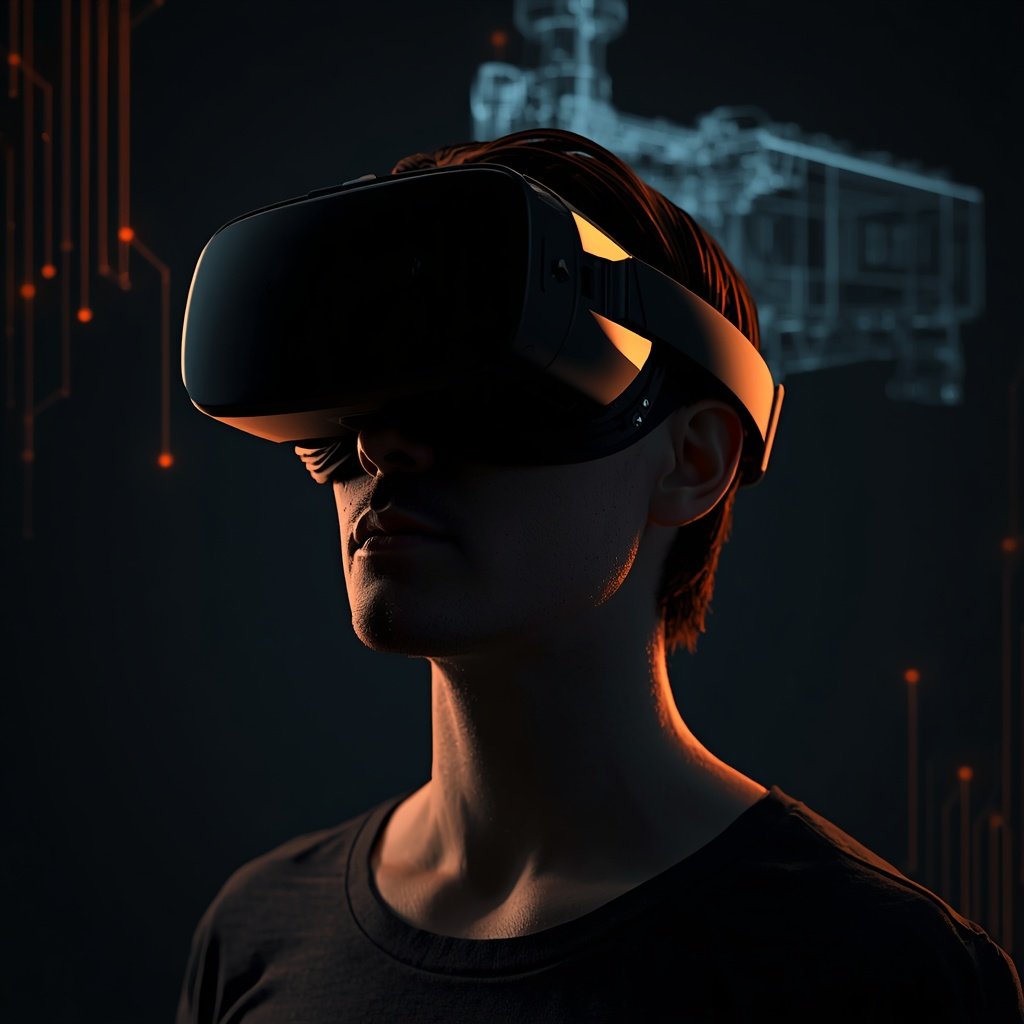 Person wearing AR/VR headset with engineering blueprint overlay in background