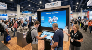 Trade show attendees using an interactive touchscreen 3D product configurator at a manufacturing booth.