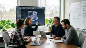 Engineering team and client reviewing a 3D industrial machine model together during a meeting