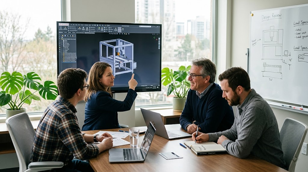 Engineering team and client reviewing a 3D industrial machine model together during a meeting