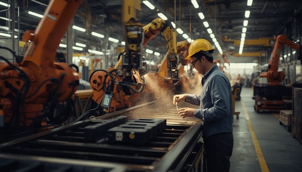 3D visualization of a manufacturing assembly line with robotic machinery by Tridum Vista 360