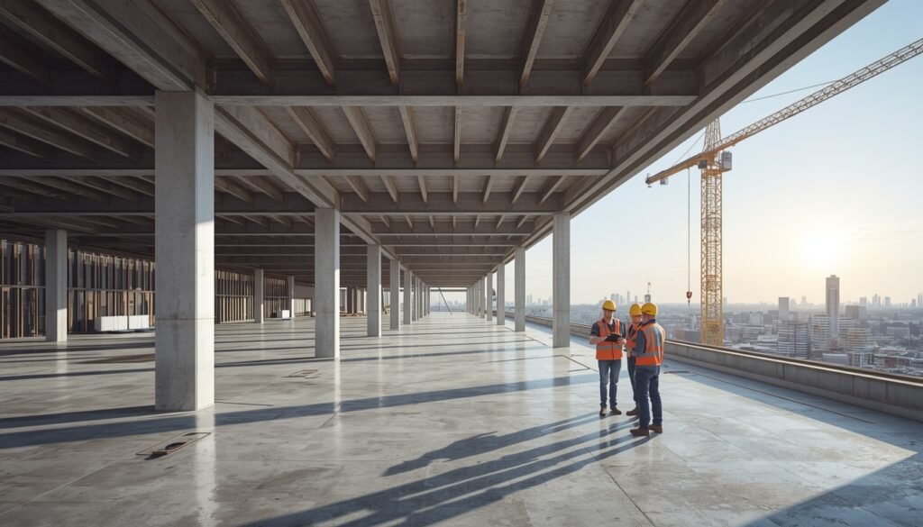 3D visualization of a construction site showing building framework, crane, and structural design by Tridum Vista 360