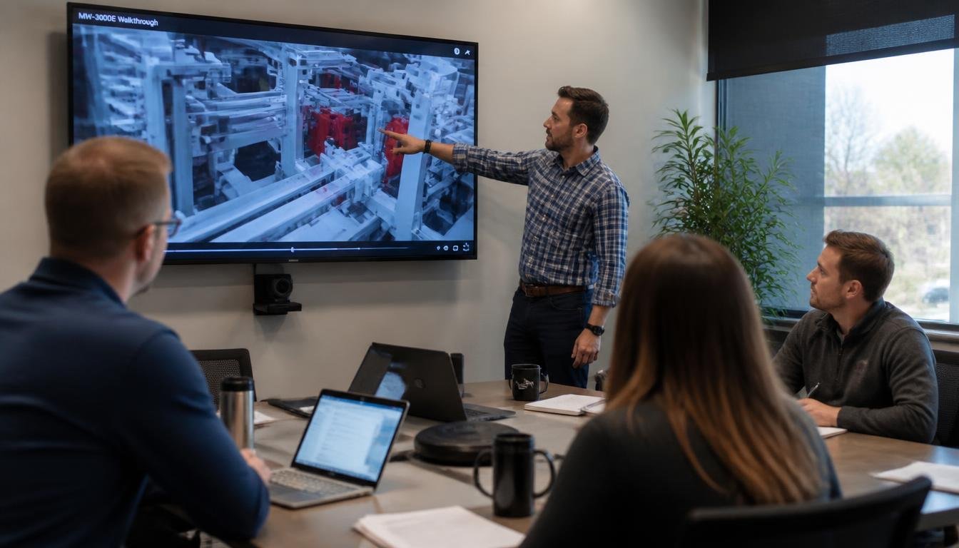 Engineering team reviewing a 3D walkthrough animation during a design review meeting