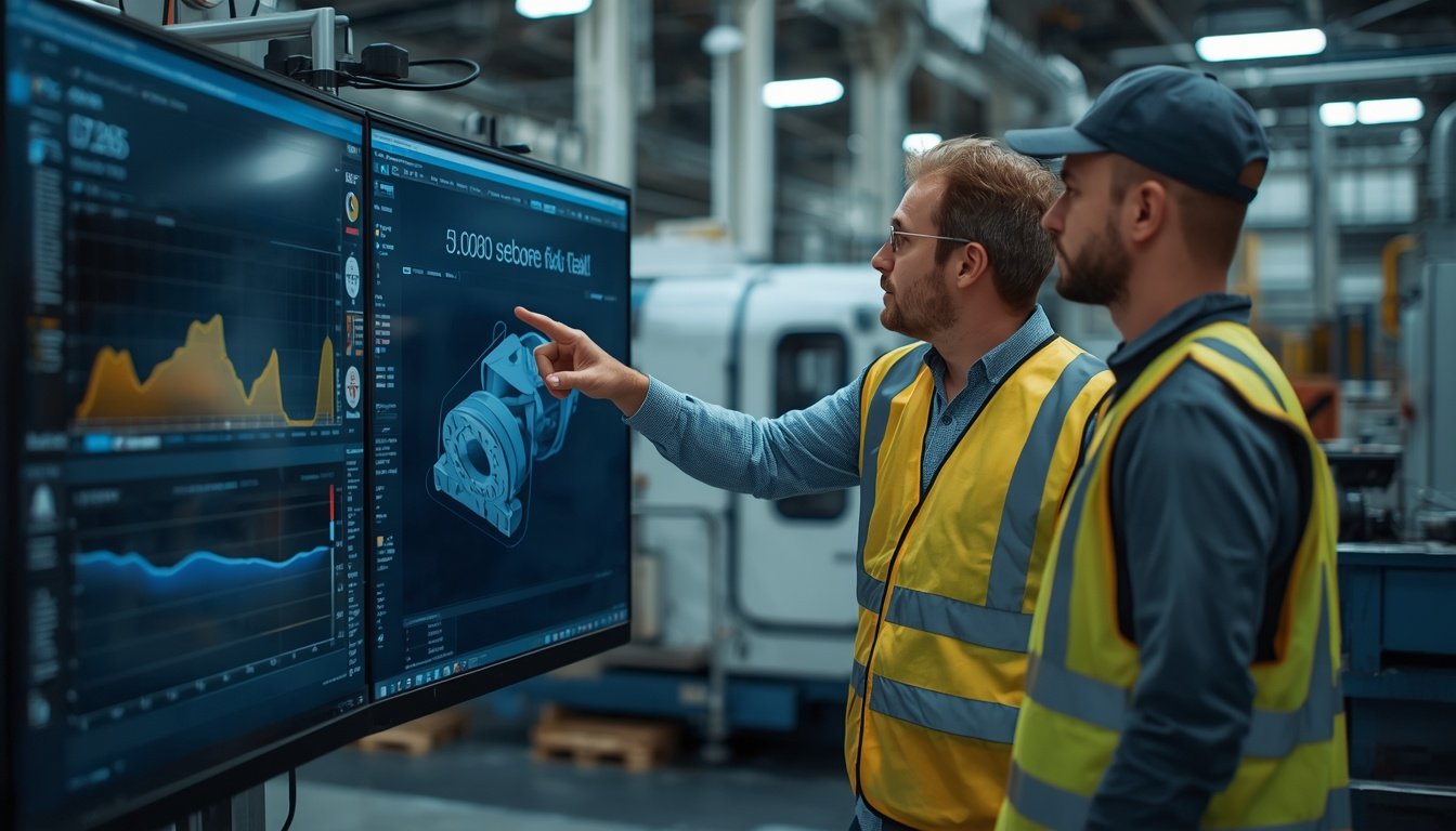Engineers comparing live digital twin sensor data with a 3D render on a factory control room screen