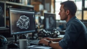 Blogs 6 Engineer reviewing a 3D CAD model of an industrial part at their workstation