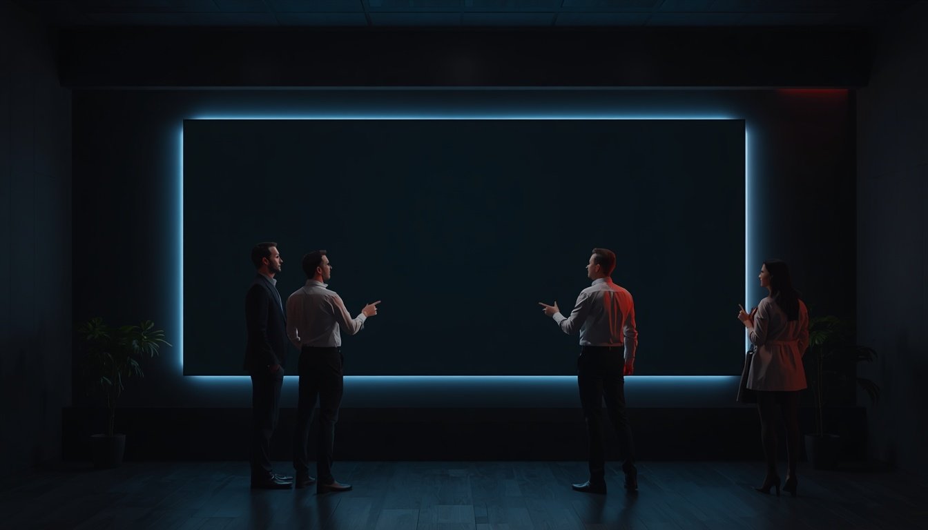 Engineers reviewing a virtual showroom for manufacturers on a large 3D display