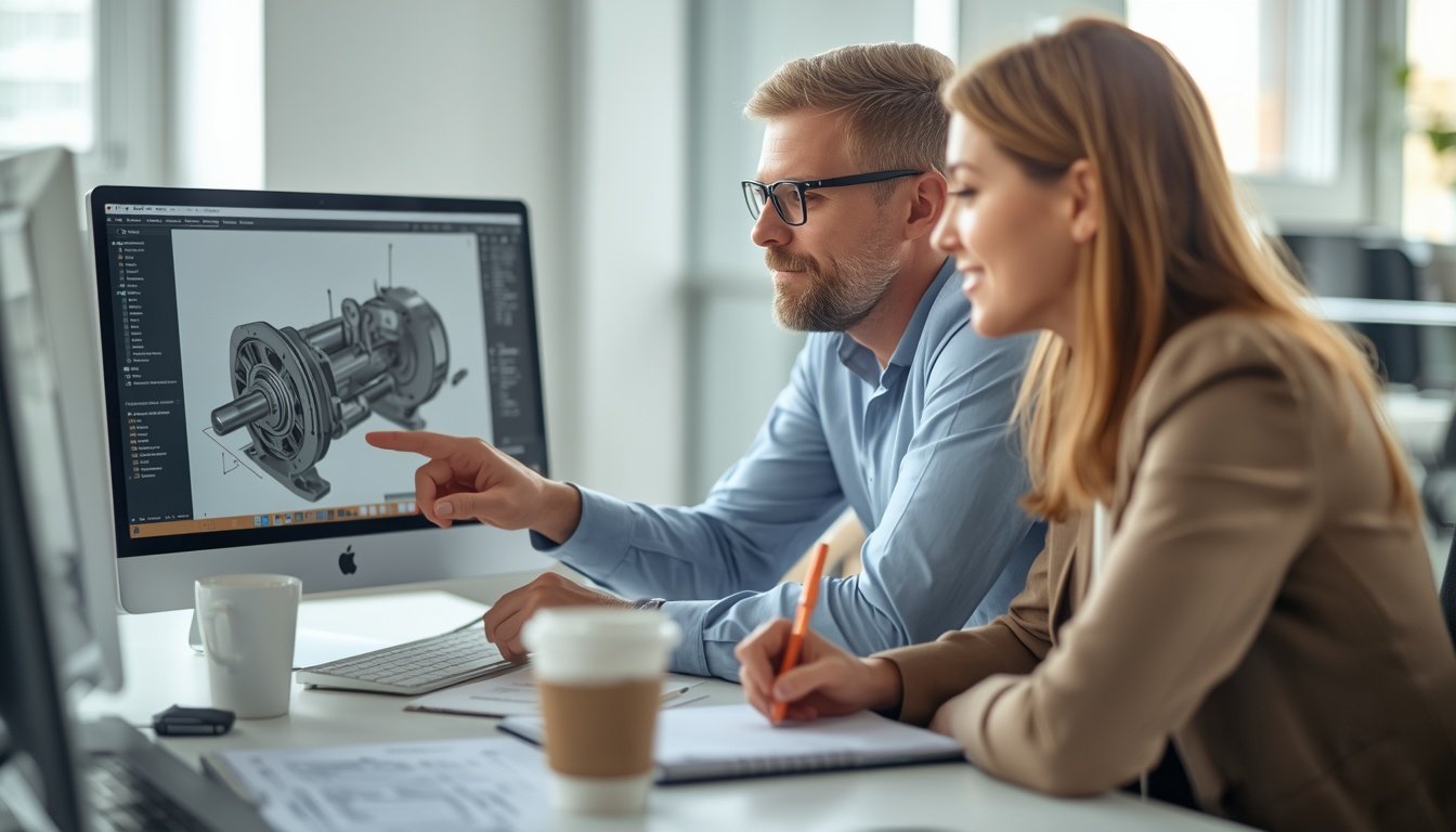 Engineer and project manager reviewing a 3D machine model with comments on a laptop