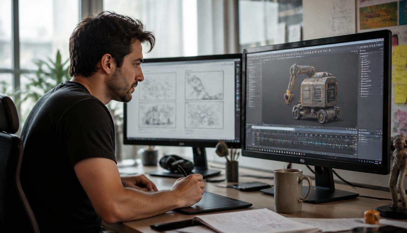 Home 15 3D animator working on an industrial machine animation with a storyboard beside the screen
